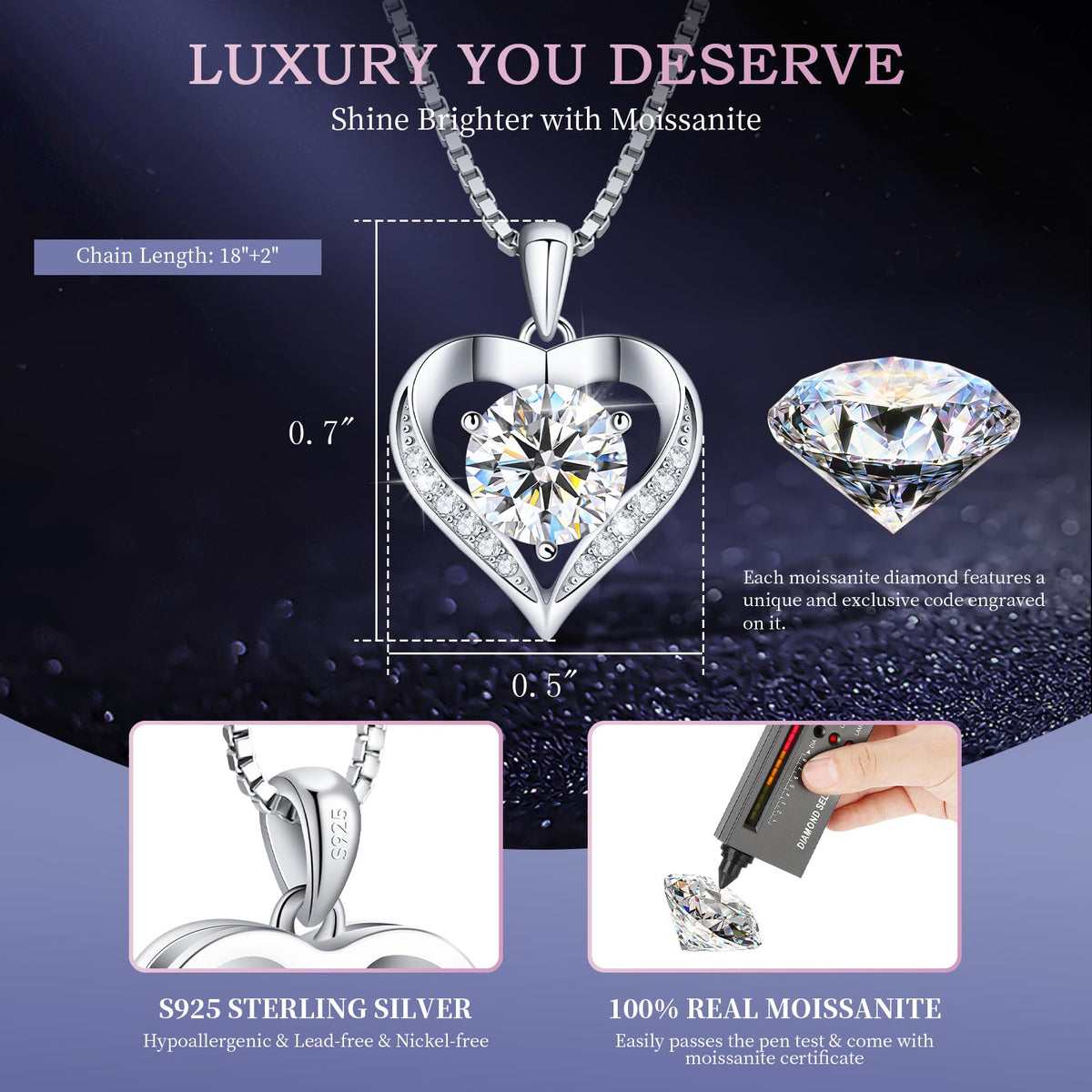 Luxury Moissanite Heart Necklace for Women – 925 Sterling Silver Heart Pendant, Sparkling Jewelry Gift for Wife, Girlfriend, Mom & Daughter
