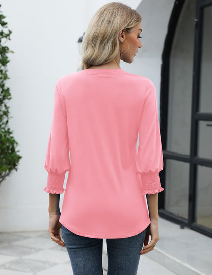LOMON Blouses for Women Dressy Casual 3/4 Sleeve Tops for Women V Neck T Shirt Ladies Tops and Blouses Orange Blue Print L