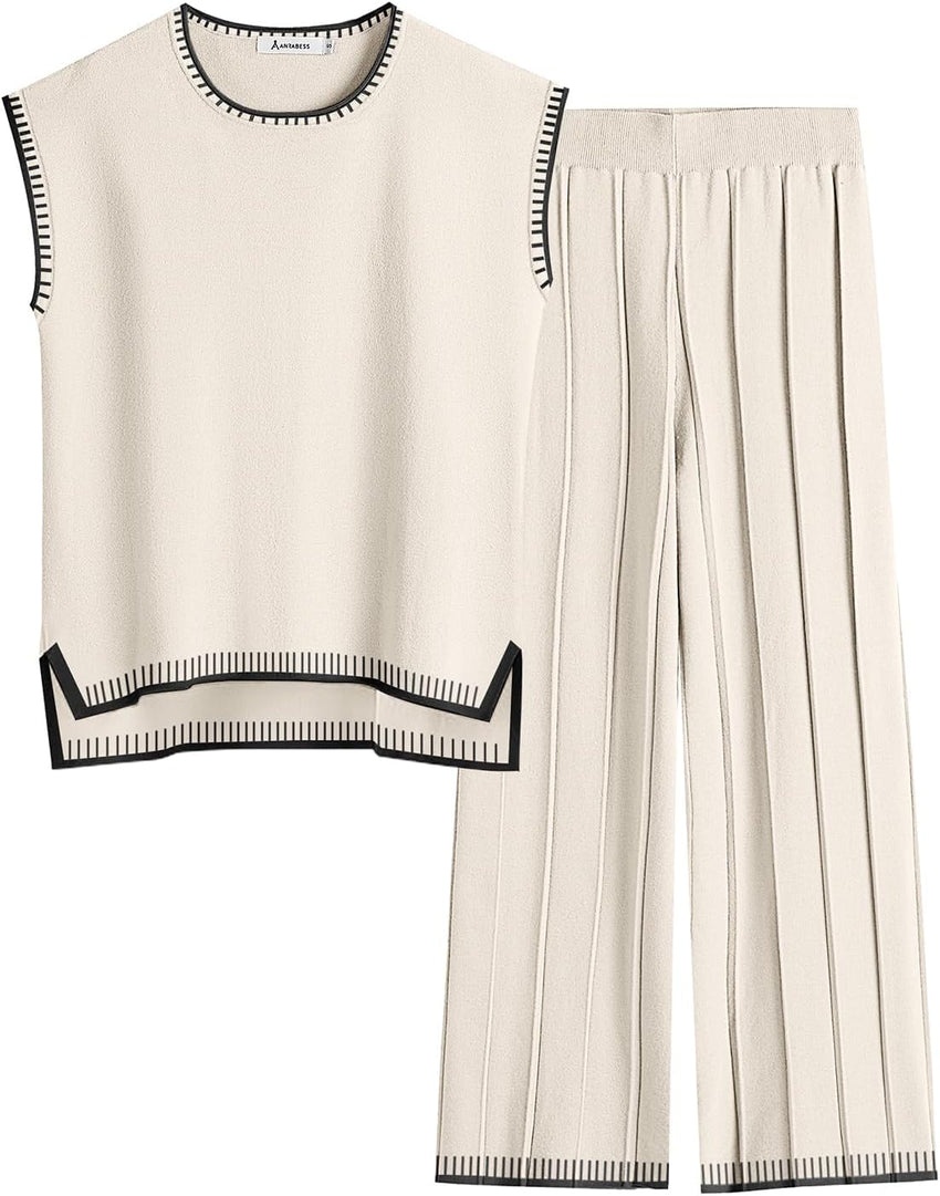 ANRABESS Women 2 Piece Lounge Sets Summer Casual Knit Sweater Vest Pant Set Beach Vacation Airport Clothes 2025 Fall Outfits