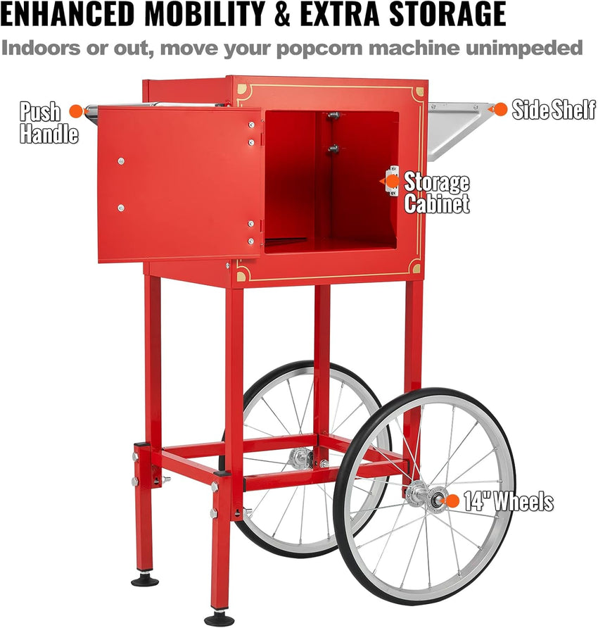 VEVOR Commercial Popcorn Machine, 8 Oz Kettle, 850 W Popcorn Maker on Wheels for 48 Cups per Batch, Theater Style Popper with 3-Switch Control Steel Frame Tempered Glass Doors Cart 1 Scoop 2 Spoons