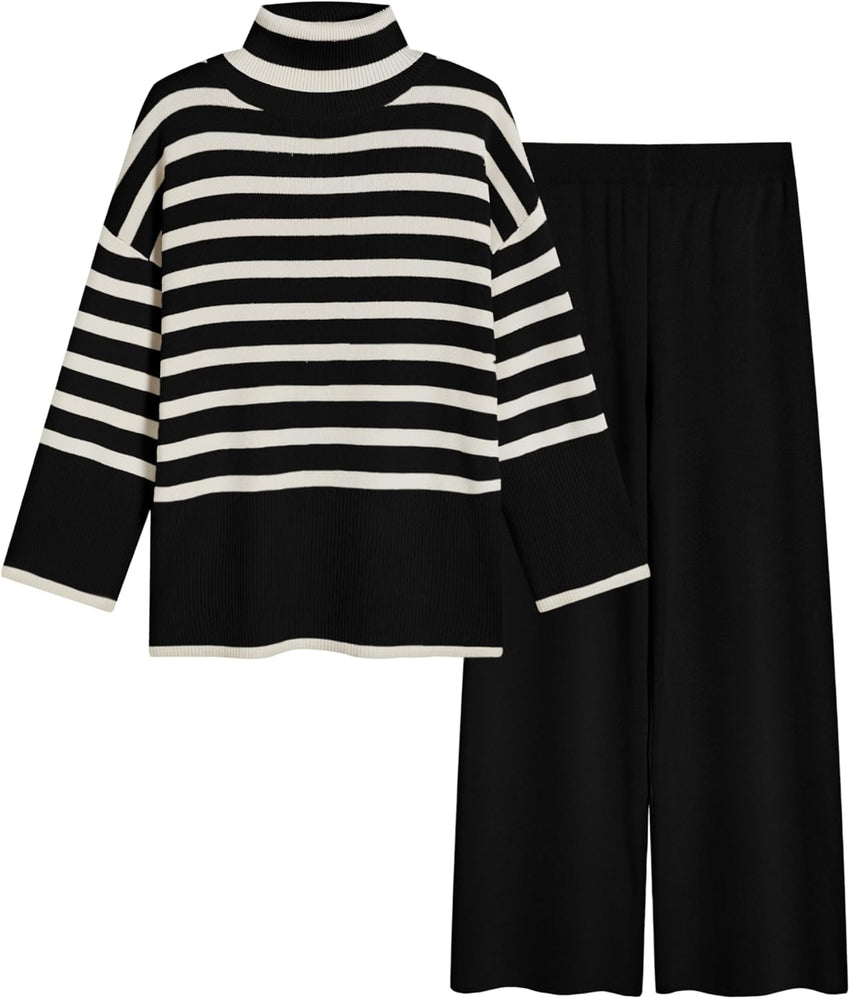 Tanming Women's Sweater Sets Long Sleeve Striped Jumper Tops Casual Knit Wide Leg Pants Sets