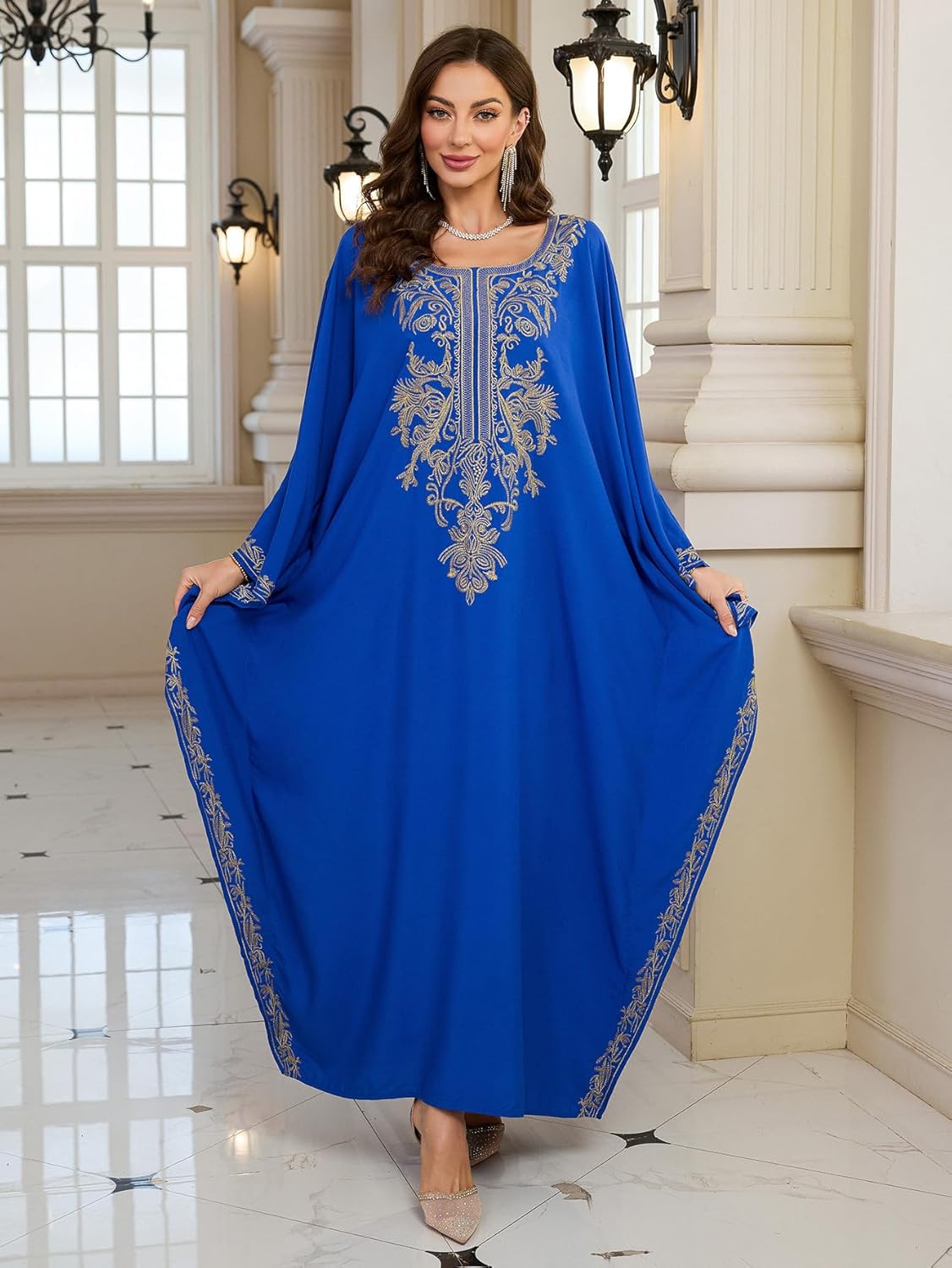 RanRui Women's Embroidered Kaftan Dresses Beach Blouse Cotton Gold Embroidery Holiday Robe Plus Size Caftans Kaftan Dress