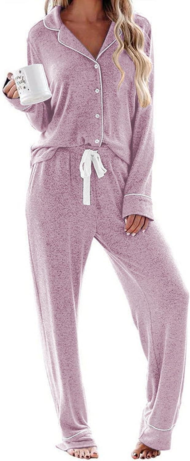 Ekouaer Women's Pajamas Long Sleeve Sleepwear Casual Button Down Loungewear Soft Pjs Set S-XXL