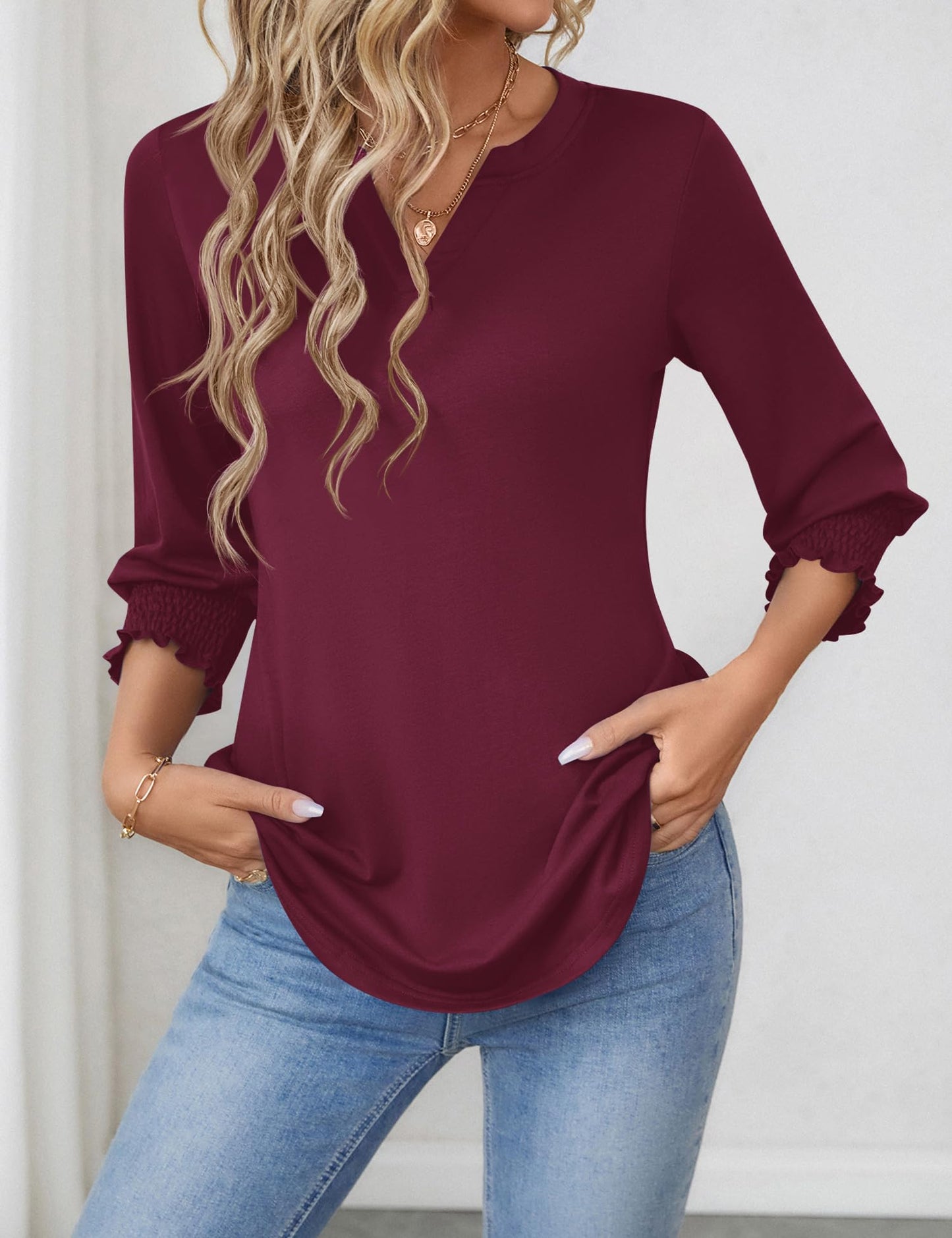 LOMON Blouses for Women Dressy Casual 3/4 Sleeve Tops for Women V Neck T Shirt Ladies Tops and Blouses Orange Blue Print L