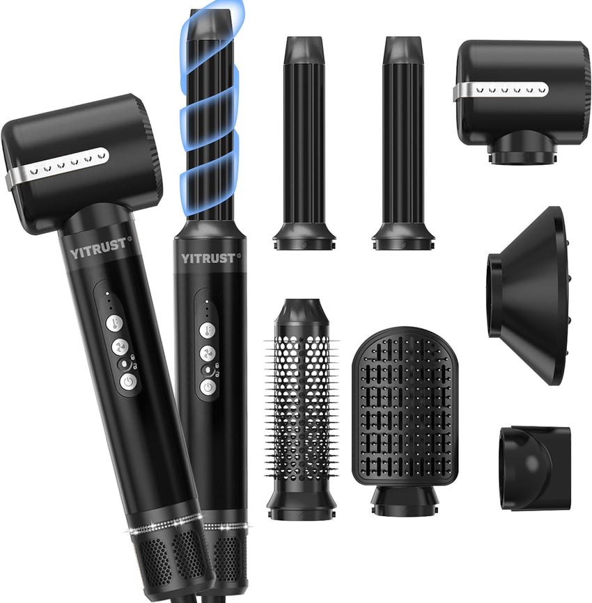 Blow Dryer Brush 7 in ONE，Autowrap Curling Wand, 110,000 RPM High-Speed Negative Ionic Hair Dryer with Diffuser Concentrator, Round Brush Blow Dryer Air Styler, Volumizing Hair Styling Tools