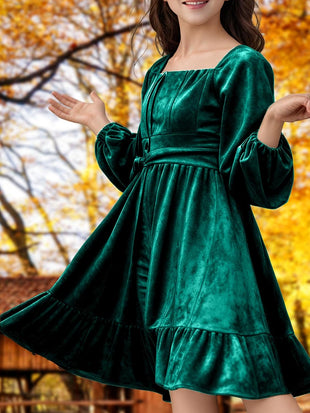 Girls Christmas Dress Fall Velvet Tie Back Long Sleeve Elegant Party Gifts for Outfits Kids Teen Winter Dresses