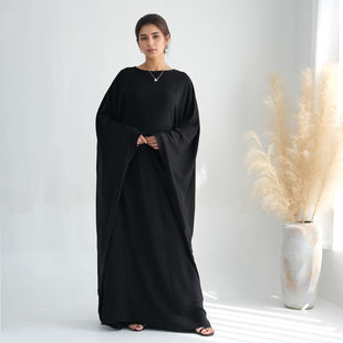 Abaya Dress for Women Soft Crepe Like Linen Khimar Butterfly Batwing Dubai Islam Muslim Kaftan Modest Prayer Dress