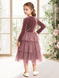 Christmas Dress Girls Velvet Tulle Puffy Long Sleeve Formal Party Dresses Princess Birthday Wedding Guest Dress