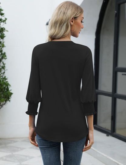 LOMON Blouses for Women Dressy Casual 3/4 Sleeve Tops for Women V Neck T Shirt Ladies Tops and Blouses Orange Blue Print L