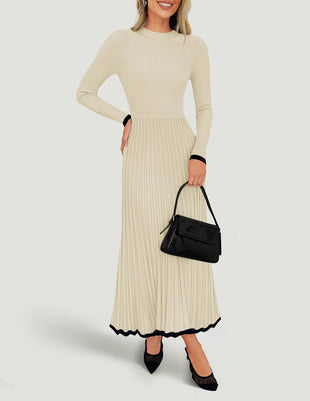 ZESICA Women's Long Sleeve Sweater Dress Fall 2025 Crewneck Ribbed Knit Pleated A-Line Maxi Wedding Guest Dresses