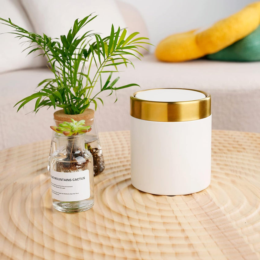 Mini Trash Can with Lid, Metal Small Tiny Mini Trash Bin Can, Mini Countertop Trash Cans for Desk Car Office Kitchen, Swing Top Trash Bin 1.5 L/0.40 Gal (White)