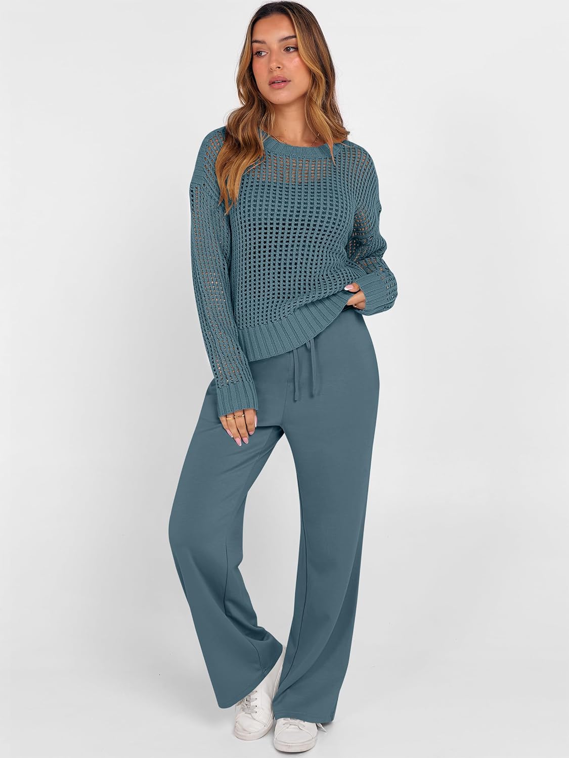 ANRABESS Womens 2 Piece Outfits Crochet Sheer Knit Sweater Top Wide Leg Pants Lounge Sets Sweatsuit 2025 Fall Travel Clothes
