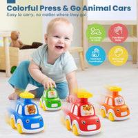 Press and Go Car Toys for Toddlers 1-3, 4 Pack Animal Baby Car Toys for 1 2 Year Old Boy, Push Go Friction Vehicle Toys for Infants 6-9-12-18 Months, One First Birthday Gifts for Boys Girls