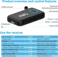 1Mii Bluetooth 5.3 Music Receiver for Car/Home Stereo, Aux Bluetooth Adapter for Car with Volume Control Supports Hands Free Calls, 16H Battery Life