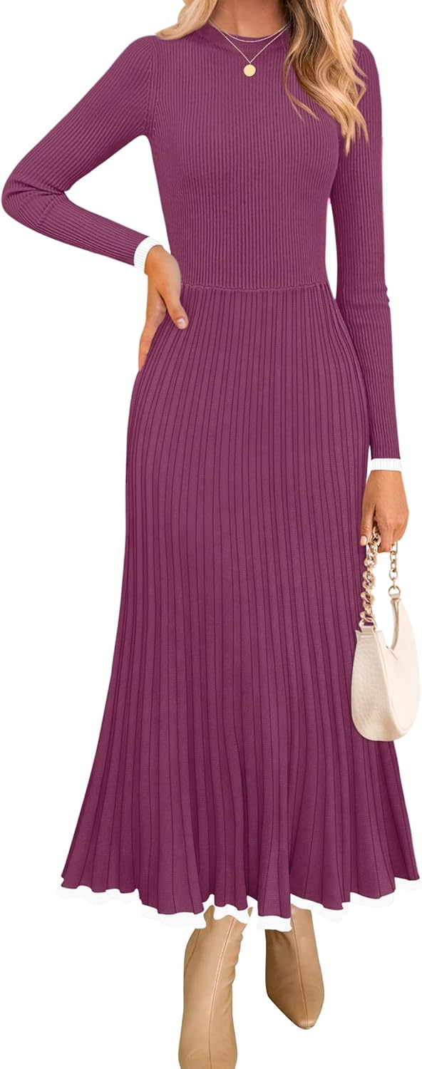 ZESICA Women's Long Sleeve Sweater Dress Fall 2025 Crewneck Ribbed Knit Pleated A-Line Maxi Wedding Guest Dresses