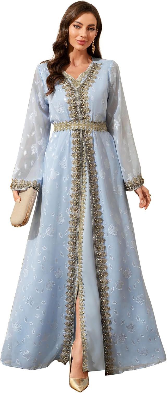 Embroidery Abayas for Women Muslim Moroccan Floral Maxi Kaftan Dress Arabic Islamic Dubai Robe Ramadan Prayer Clothes