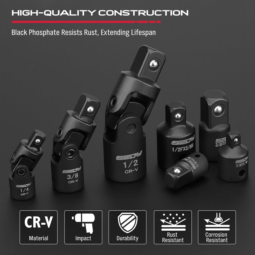 Impact Universal Joint-Socket Swivel Set: 3-Piece 1/2", 3/8", 1/4" Flexible Socket Swivel Set Premium CR-MO Steel U Joint Adapter Wobble