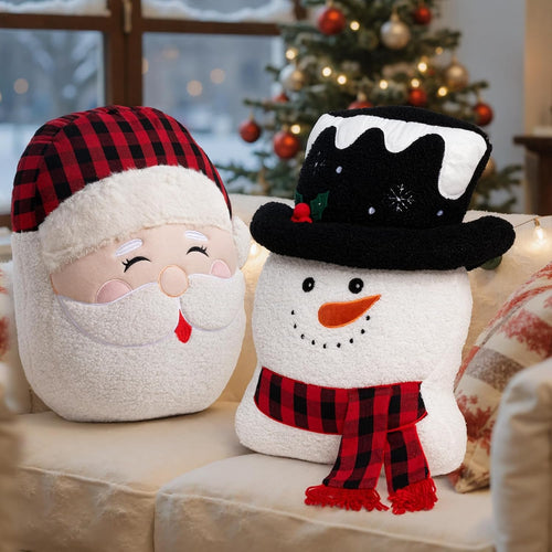 Lanpn Christmas Santa Snowman Throw Pillows Set of 2, Christmas Decoration Winter White Throw Pillows Soft Fleece Cute Throw Cushion for Sofa Bedroom Xmas Decor (19.5x17 inch & 18x14 inch)