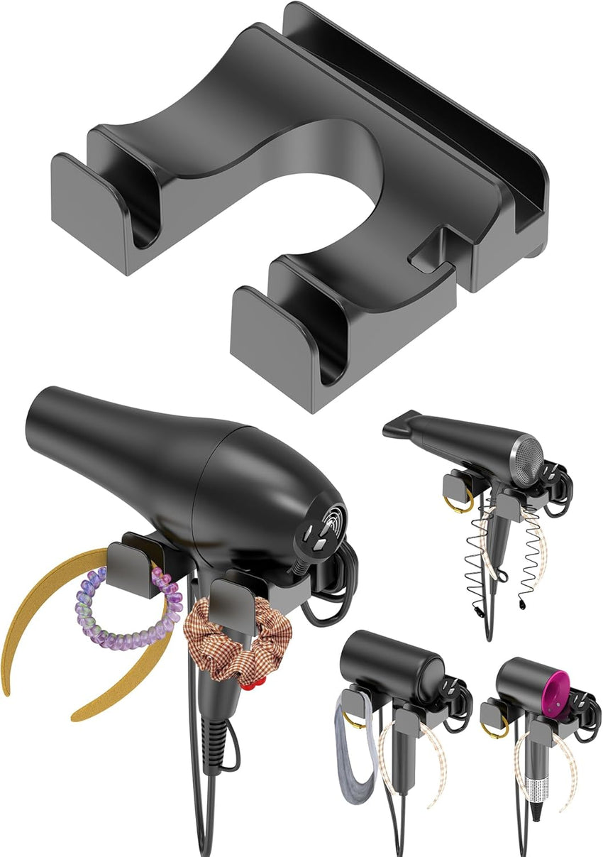 NOTMBESTM Universal Hair Dryer Holder Wall Mounted, Blow Dryer Holder Cabinet Door, Hairdryer Holder for Bathroom, Hair Dryer Storage Rack Fixed by Screw or Adhesive (Black)