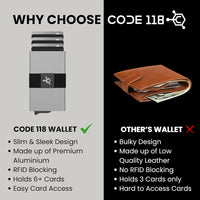 CODE 118 Wallet - Premium Automatic Smart Wallet, RFID Blocking, Pop Up Mens Minimalist Metal Wallet, 6061-T6 Aerospace-Grade Aluminum, Genuine 3K Carbon Fiber (Classic, Slate Grey)