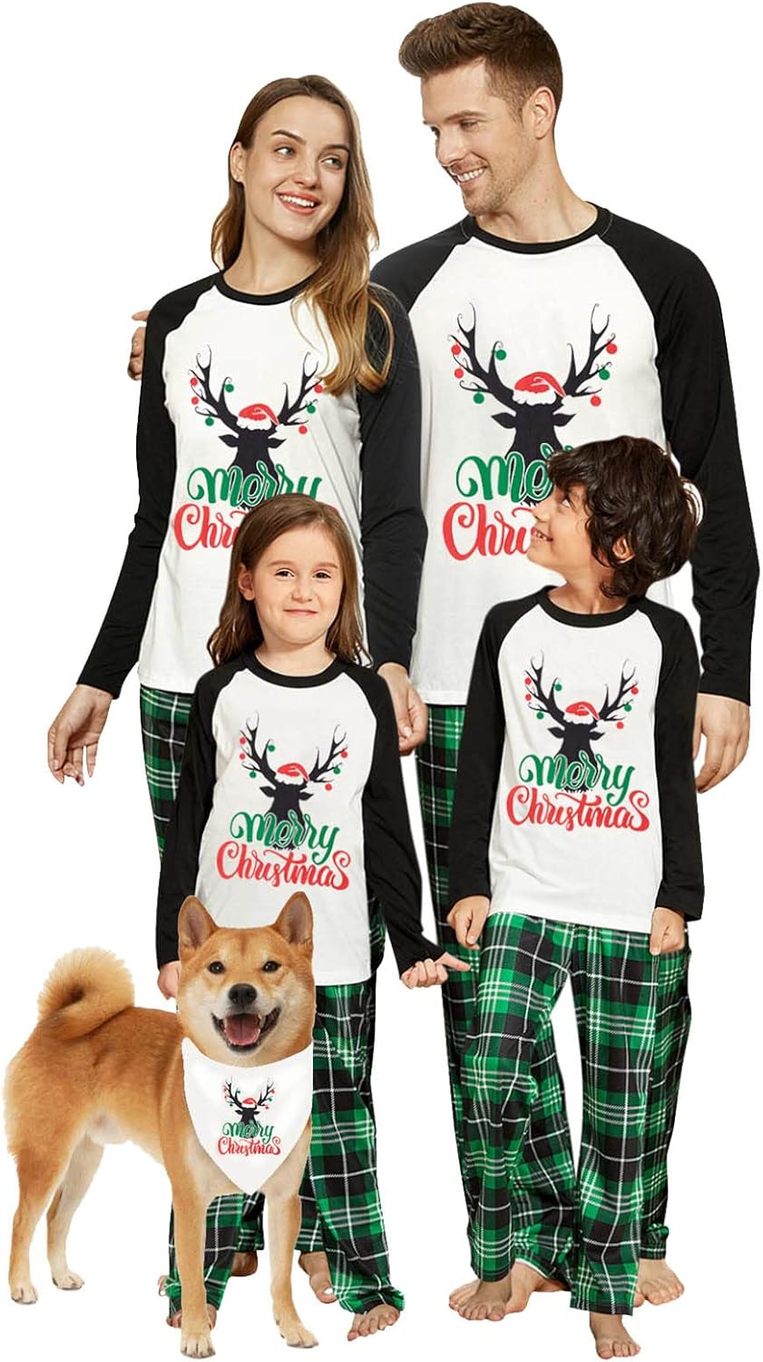 IFFEI Matching Family Pajamas Sets Christmas PJ's Letter Print Top and Plaid Bottom Sleepwear Jammies with Pockets