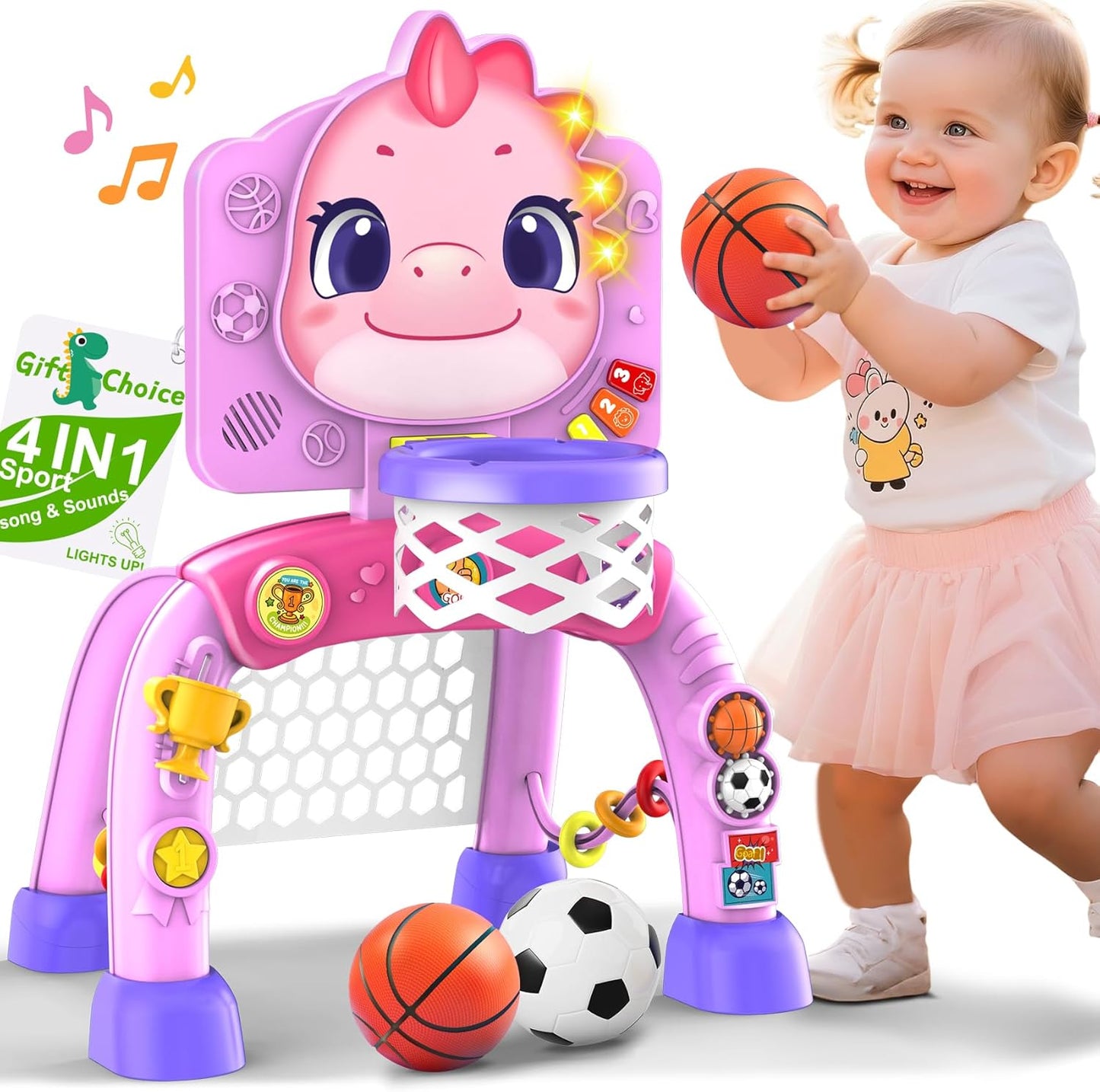 Dinosaur Kids Sports Play Toy: 4-in-1 Multifunction Indoor Outdoor Activity – Basketball Toss, Ring Throw, Ball Play & Music Lights to Improve Motor Skills, Birthday Gift for Boys Girls Age 1-3