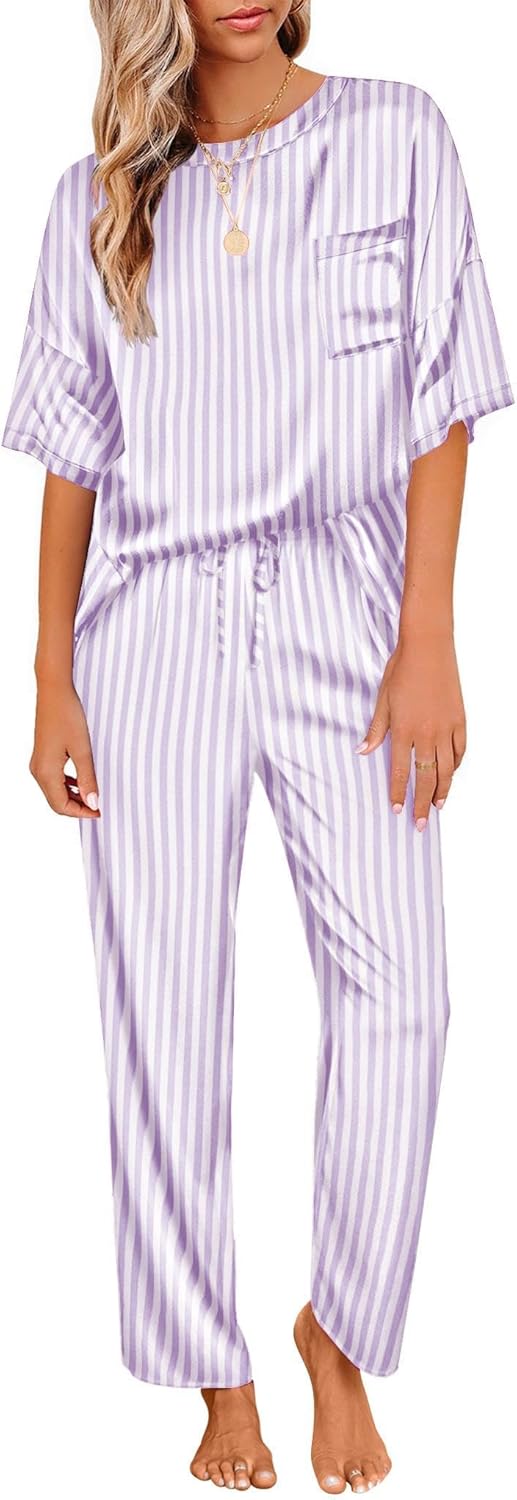 Ekouaer Womens Satin Silky Pajama Set Short Sleeve Shirt with Long Pajama Pant Set Soft PJ Loungewear