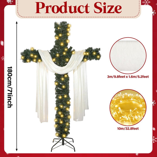 6Ft Artificial Christmas Cross Tree with a String Lights and a White Silk Scarf Christmas Easter Decorations Jesus Christ Catholic Cross Decor He is Risen Decorative Cross Tree for Outdoor Home Decor