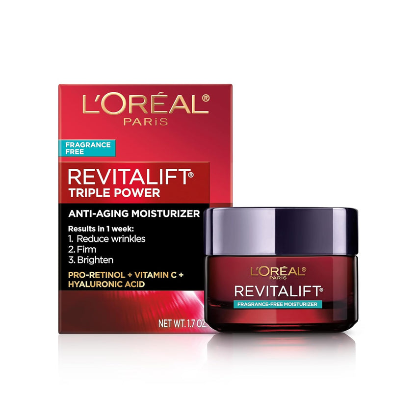 L'Oreal Paris Revitalift Triple Power Anti-Aging Face Moisturizer, Pro Retinol, Hyaluronic Acid & Vitamin C, Reduce Wrinkles 2.55 Oz