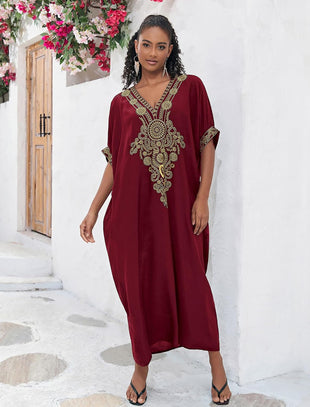 EDOLYNSA Moroccan Kaftan Dresses for Women Plus Size Caftans Loungewear Embroidered Beach Kaftan Cover up moomoo House Dress