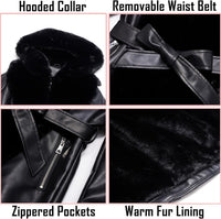 RISISSIDA Luxurious Women Winter Fur Lined Coat, Leather Jacket with Hooded Long Fur Collar, Thick Warm Heavy Overcoat Belted