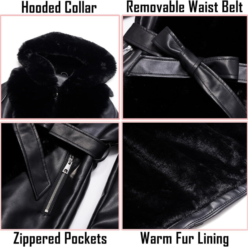 RISISSIDA Luxurious Women Winter Fur Lined Coat, Leather Jacket with Hooded Long Fur Collar, Thick Warm Heavy Overcoat Belted