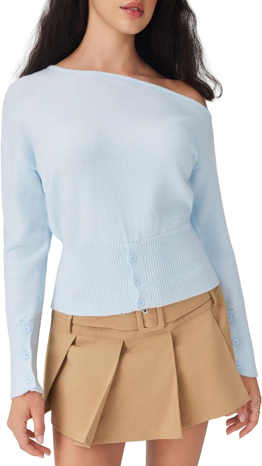 CIDER Off The Shoulder Sweaters for Women Cute Long Sleeve One Shoulder Fall Outfits Knit Pullover Sweater Tops Trendy