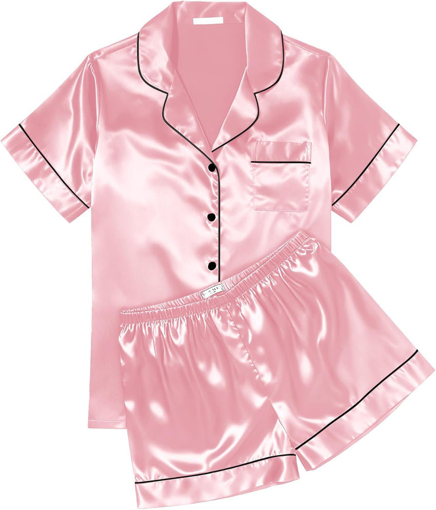 Ekouaer Womens Silk Satin Pajama Sets Soft Short Sleeve Button Down Sleepwear Top and Shorts 2 Piece Pjs Lounge Set