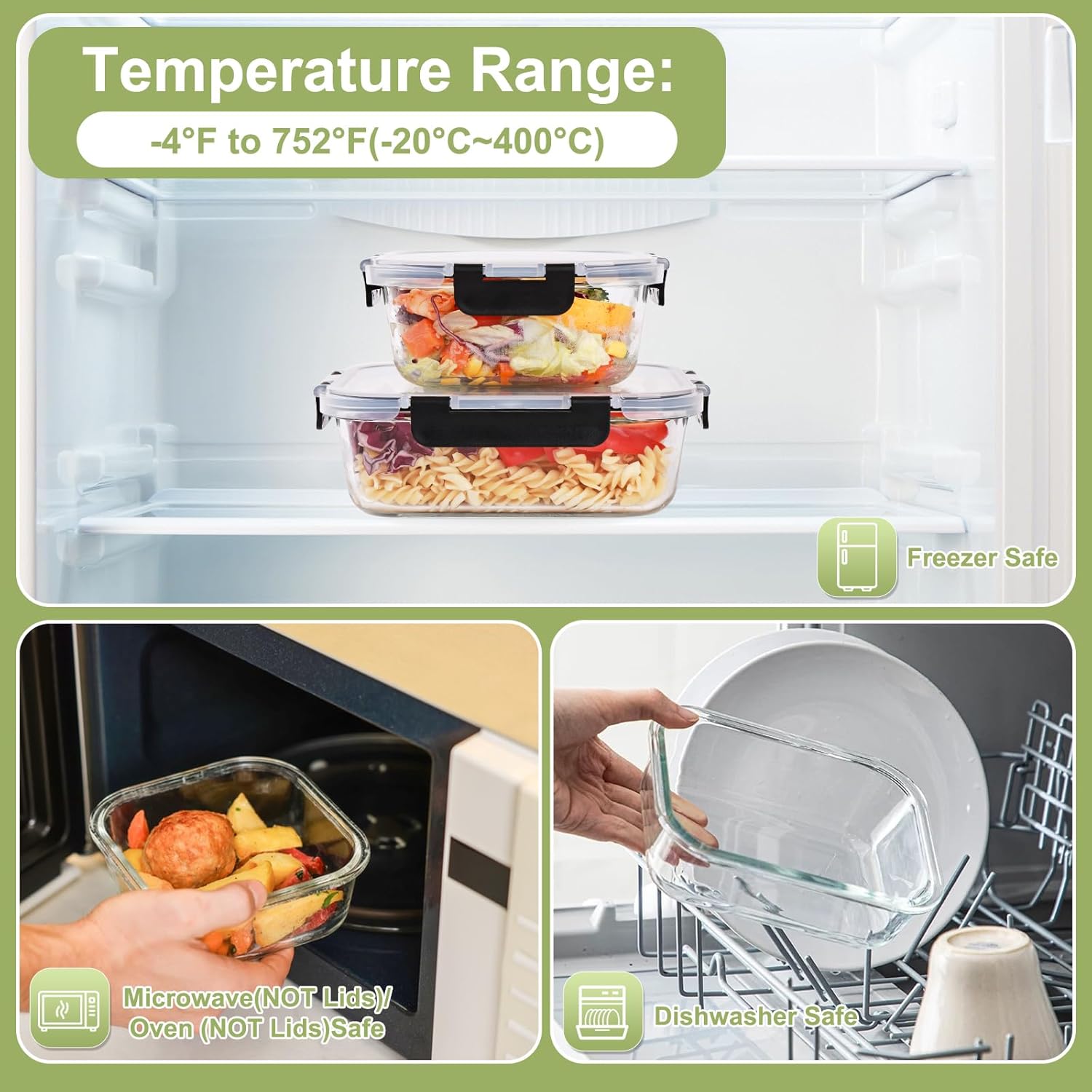 8 Pack Glass Food Storage Containers with Lids, Meal Prep Containers, Airtight Bento Boxes with Leak Proof Locking for Microwave, Oven, Freezer and Dishwasher, BPA Free
