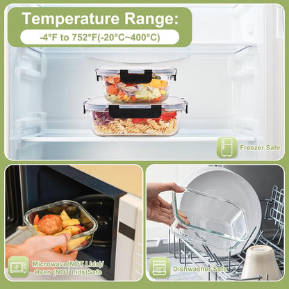 8 Pack Glass Food Storage Containers with Lids, Meal Prep Containers, Airtight Bento Boxes with Leak Proof Locking for Microwave, Oven, Freezer and Dishwasher, BPA Free