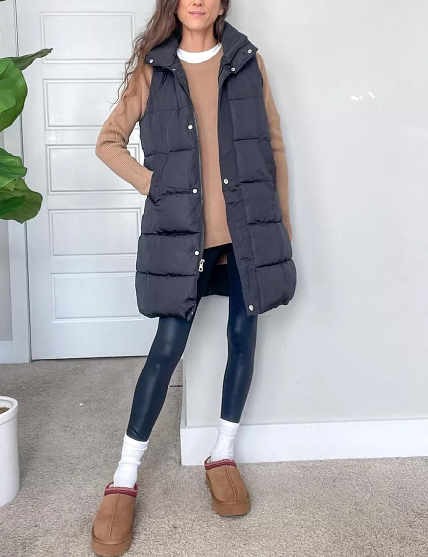 Tanming Women's Long Puffer Vest Casual Sleeveless Puffy Jacket with Removable Hood