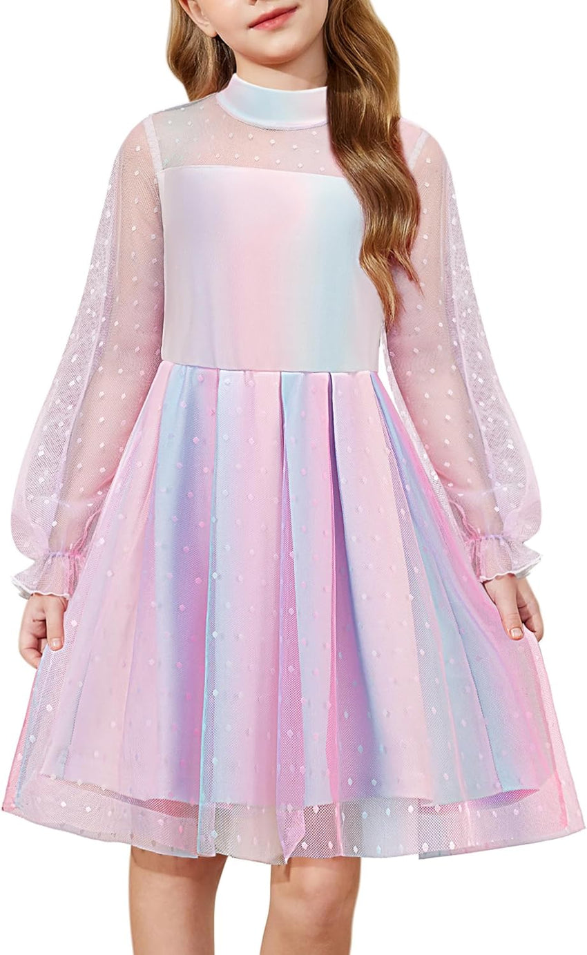 Arshiner Girls Dresses Contrast Mesh Puff Long Sleeve Mock Neck Formal Party A Line Short Tulle Dress