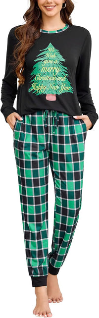 difficort Womens Christmas Pajamas Long Sleeve Pj Set Soft Plaid Pants Sleepwear with Pockets