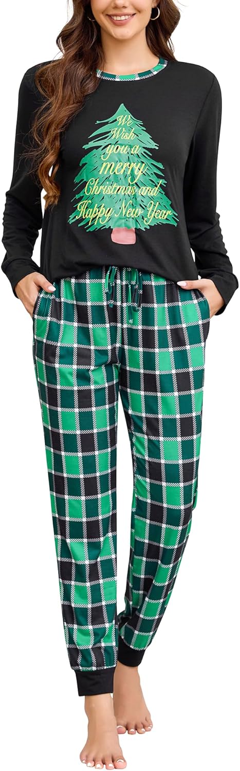 difficort Womens Christmas Pajamas Long Sleeve Pj Set Soft Plaid Pants Sleepwear with Pockets