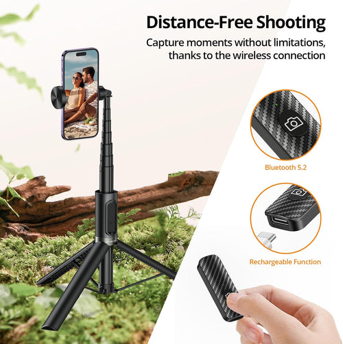 ATUMTEK Selfie Stick Tripod, All-in-one Extendable Aluminum Phone Tripod with Rechargeable Bluetooth Remote, 360 Rotatable for iPhone 16 Pro Max/15/14/13 Samsung Smartphones, Black