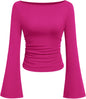7DAY'S Women's Long Sleeve Shirts 2025 Fall Crop Going Out Tops Casual Boat Neck Bell Sleeve Ribbed Ruched Y2K Clothes
