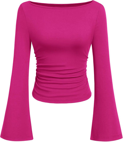 7DAY'S Women's Long Sleeve Shirts 2025 Fall Crop Going Out Tops Casual Boat Neck Bell Sleeve Ribbed Ruched Y2K Clothes