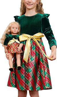 QPANCY Matching Girls & Doll Christmas Dresses Classic Plaid Long Sleeve Holiday Dress Kids Midi Velour Dress
