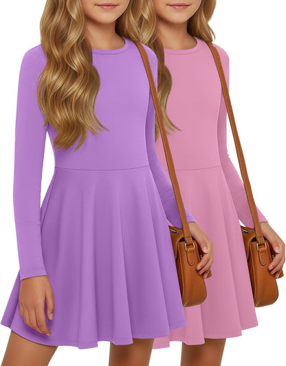 2 Pack Girls Long Sleeve Dress Skater Twirl a Line Crewneck Casual Fall Dresses for Kids 5-14 Years