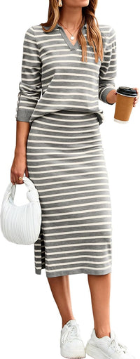Glamaker Womens 2 Piece Skirt Sets Striped Sweater Dress Casual Polo Neck Knit Long Sleeve Midi Dresses Fall Fashion Outfits