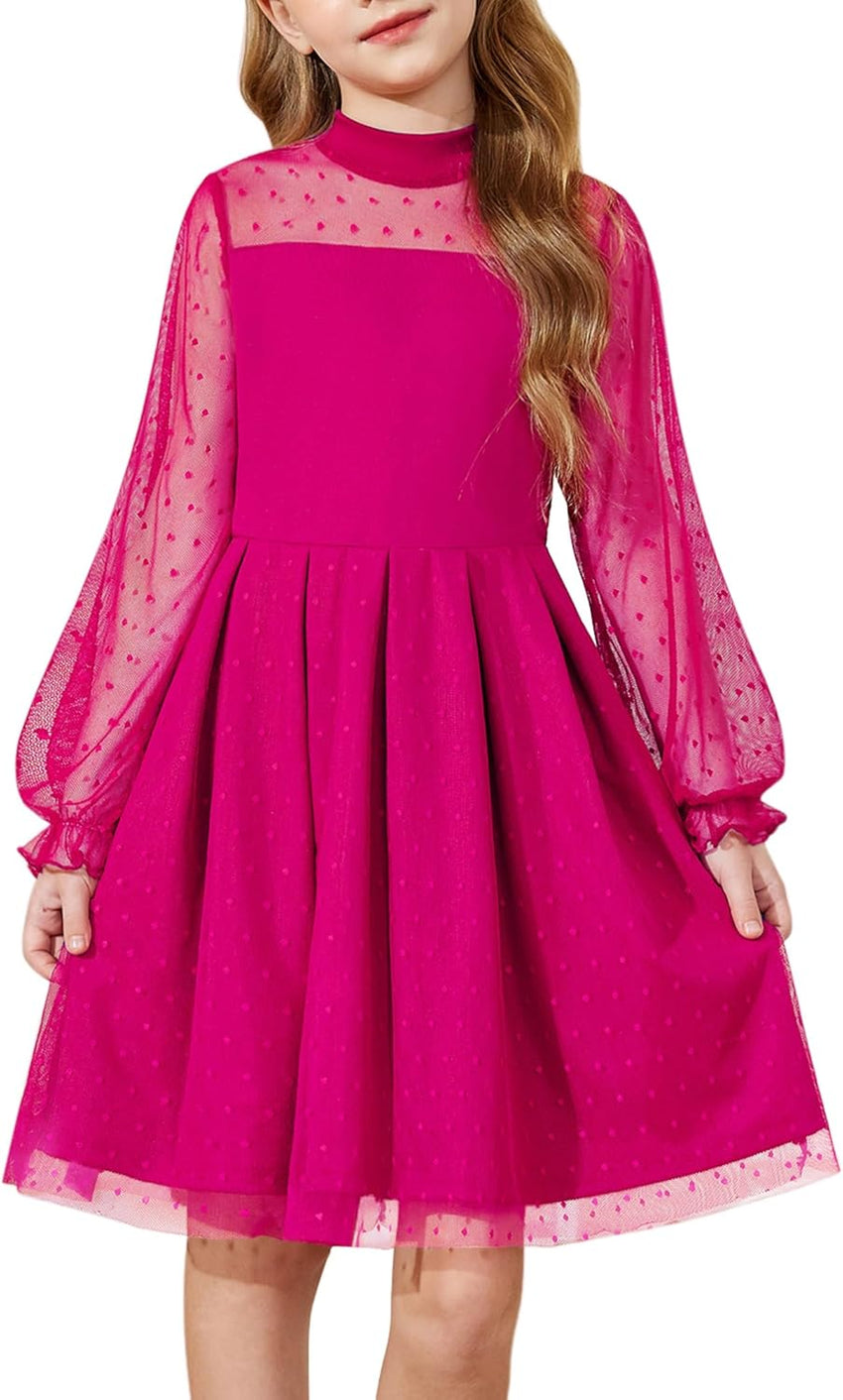 Arshiner Girls Dresses Contrast Mesh Puff Long Sleeve Mock Neck Formal Party A Line Short Tulle Dress