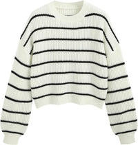 CIDER Women’s Cropped Striped Sweater Long Sleeve Crew Neck Trendy Pullover Tops