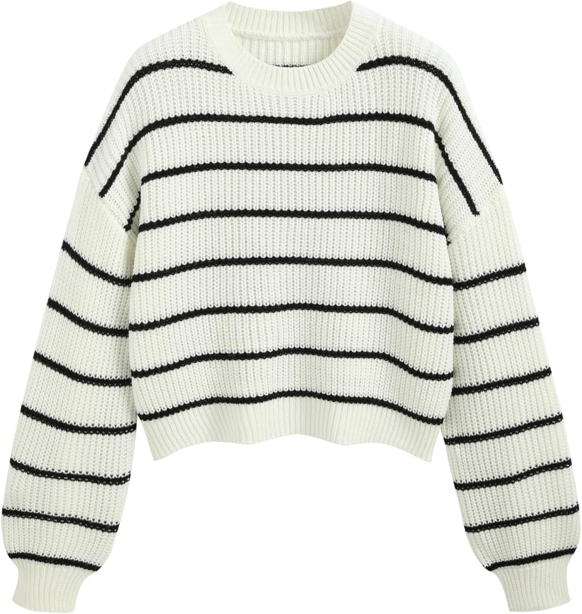 CIDER Women’s Cropped Striped Sweater Long Sleeve Crew Neck Trendy Pullover Tops