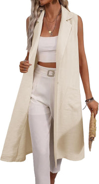Mina Self 2025 Summer Sleeveless Long Linen Blazers Jacket Women Lightweight Fashion Casual Work Outerwear with Pockets
